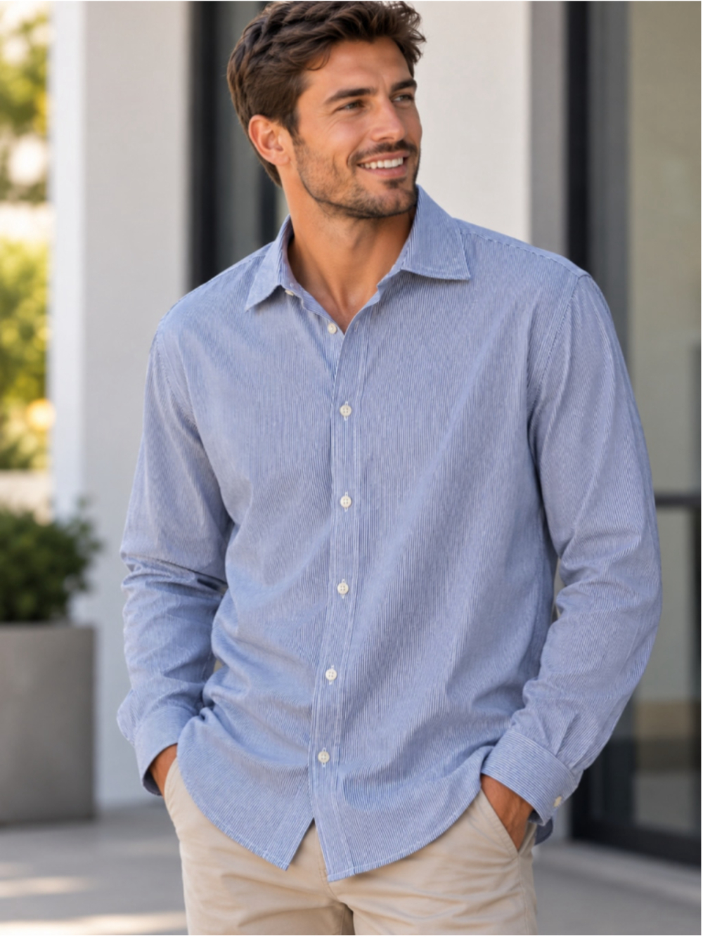 H&M Casual Button Down Shirt Blue White Striped Men's Size XL